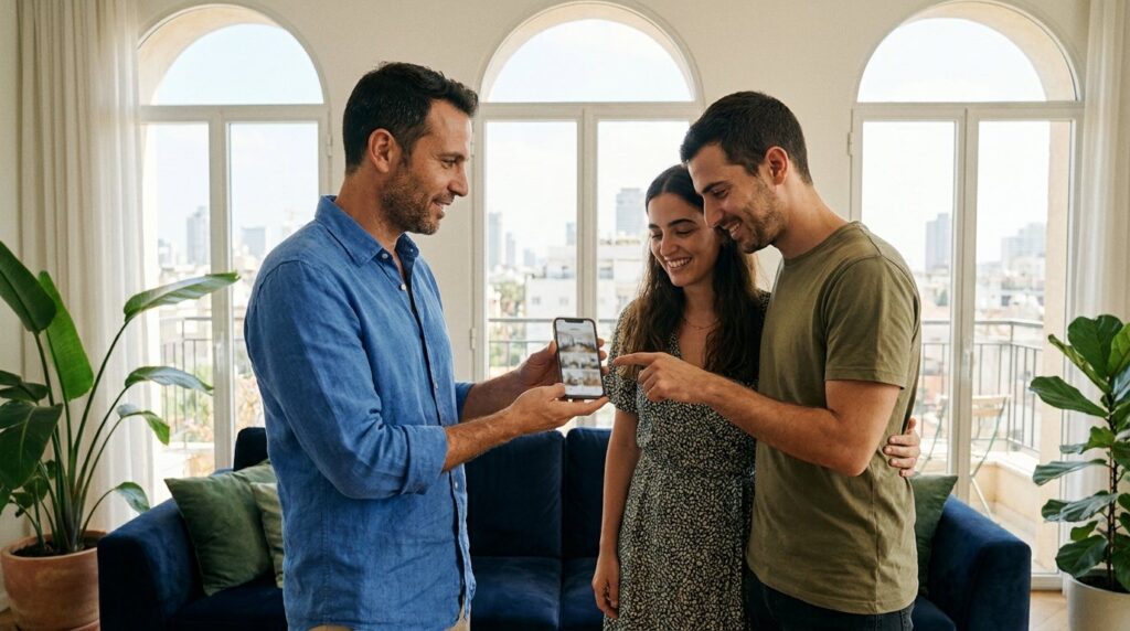 מתווך מראה לזוג צעיר נכס בטלפון, בסלון מואר של דירה, אחרי חיפוש בקבוצות וואטסאפ נדל״ן
