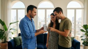 מתווך מראה לזוג צעיר נכס בטלפון, בסלון מואר של דירה, אחרי חיפוש בקבוצות וואטסאפ נדל״ן