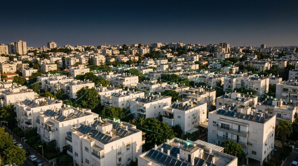 מבט מהאוויר על שכונת מגורים בישראל בשקיעה, המחשה של מאגר נכסים למתווכים