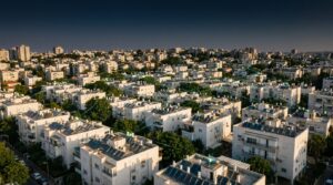 מבט מהאוויר על שכונת מגורים בישראל בשקיעה, המחשה של מאגר נכסים למתווכים